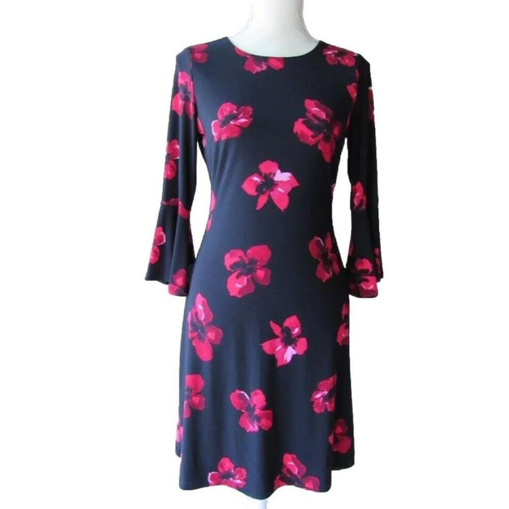 Tommy Hilfiger Floral Dress 3/4 Bell Sleeve Black Red Women's Size 2 Spring 2018